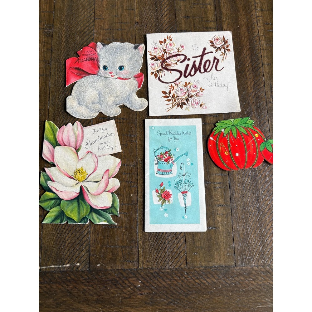 5 VTG Birthday Cards Signed 1950's Tomatoe Kitten Magnolia Rise Hallmark Mica